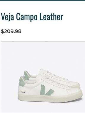 NWOT Veja Leather Sneakers - White with Sage Green V Detail In Suede Sz 7 Us